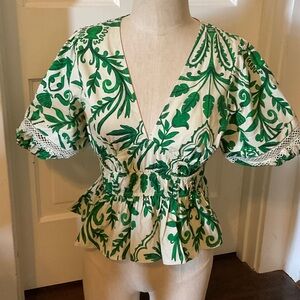 White Peplum Blouse with Green Botanical Print